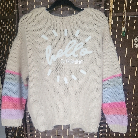 Saltwater Luxe Cream and Pink Cardigan Sweater with Striped Sleeves - Picture 3 of 6